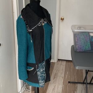 P467. ZOE Teal and Black Mixed-Media Hooded Cardigan Sweater